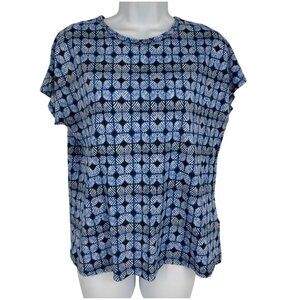 Brooks Brothers Womens Blue & White Geometric Print Cotton Short-Sleeve Top Sz L